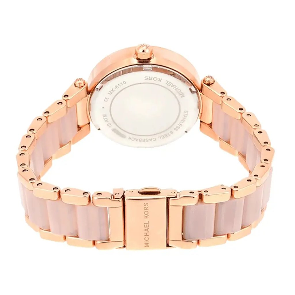Back View Of Screwback Back Case And Closed Stainless Steel Band Of Michael Kors MK6110 Watch Display Model Condition