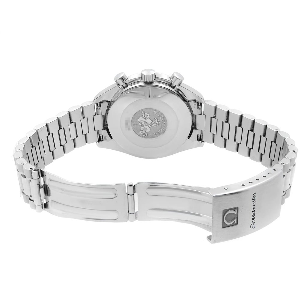 Back View Of Solid Back Case And Open Stainless Steel Band Of OMEGA 3510.50.00 Watch Pre Owned Condition