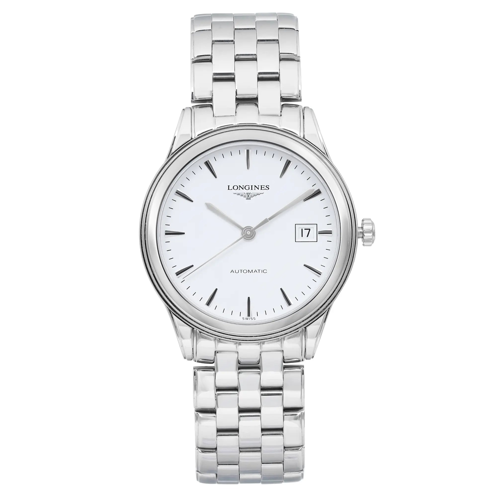 An image of a wristwatch taken from a front full frontal view. The watch features a sleek silver metal bracelet and a white dial with minimalist hour markers. The date is displayed on the right side of the dial. The condition is a display model, showcasing its pristine form and elegance.