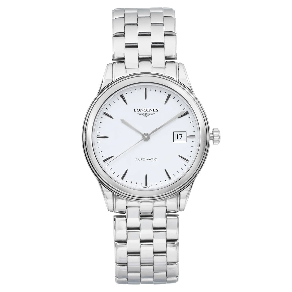 An image of a wristwatch taken from a front full frontal view. The watch features a sleek silver metal bracelet and a white dial with minimalist hour markers. The date is displayed on the right side of the dial. The condition is a display model, showcasing its pristine form and elegance.