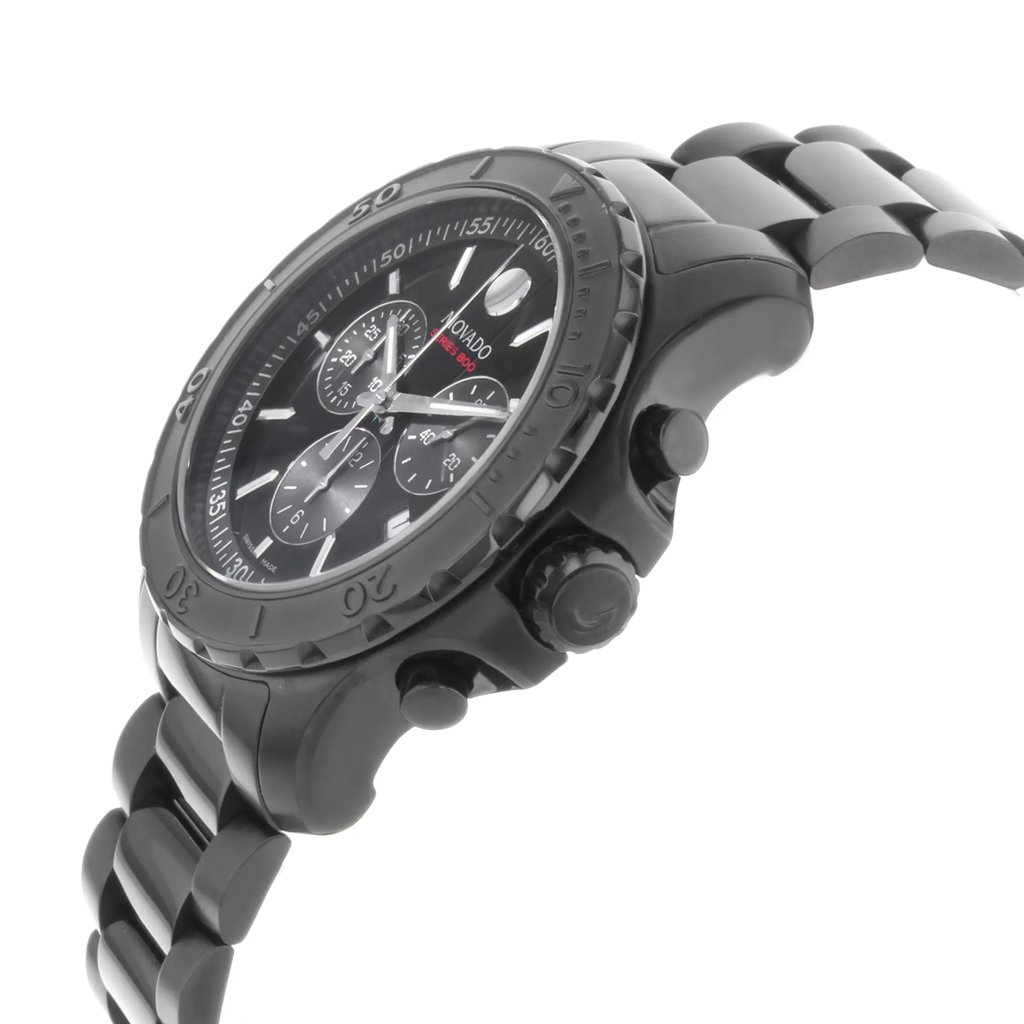 An image of a pre-owned wristwatch taken from a side profile view. The watch features a black metal bracelet and a black bezel with numerals. The crown and pushers are clearly visible on the right side. The face of the watch displays multiple sub-dials and white hour markers. The angle captures the watch slightly from above, highlighting its design details. The photo is taken at a close distance, focusing on the watch's features.