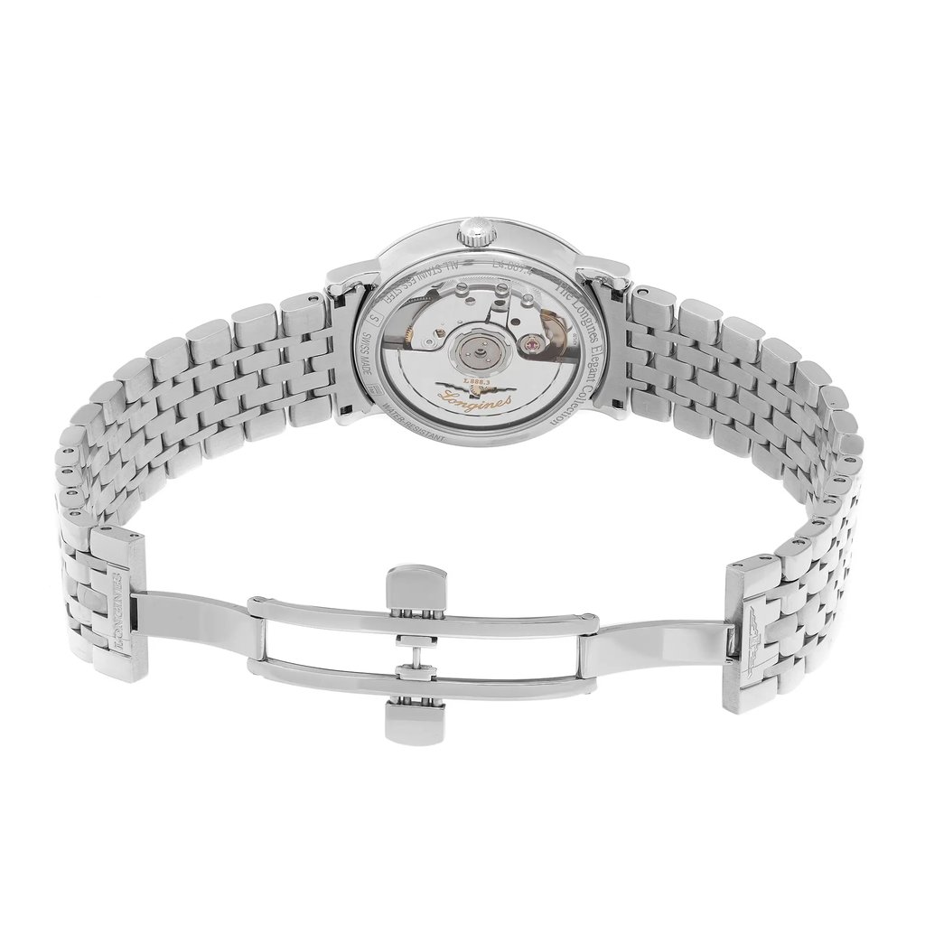 An image of a Wristwatch by Longines. This Display Model item is designed for Women, featuring a Dress/Formal style. It has a Mechanical (Automatic) movement and an Analog display with a White dial color. The indices include 12-Hour Dial,Non-Numeric Hour Marks,Stick Indexes. The band is made of Stainless Steel and the case is made of Stainless Steel. The watch has a Round shape with a case size of 34.5 mm and a case thickness of 8 mm.