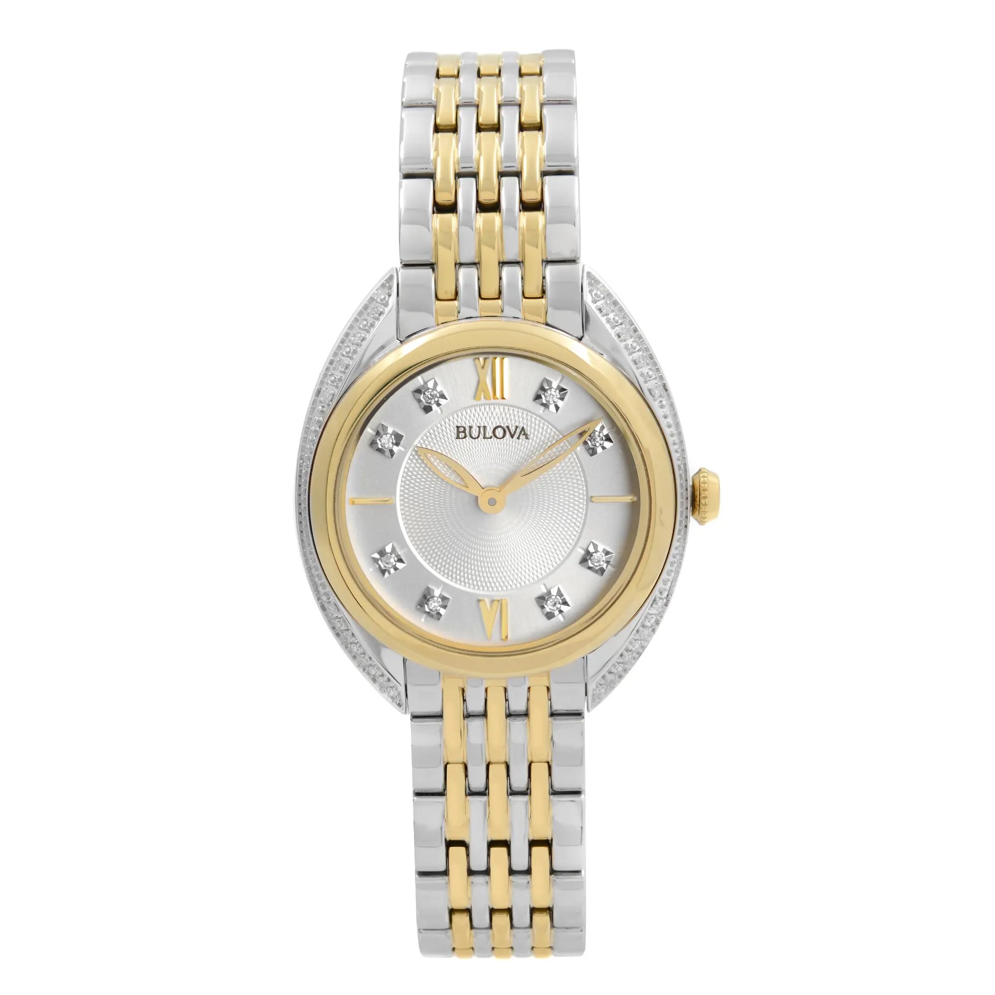 An image of a Bulova women's dress/formal wristwatch in excellent condition. The watch is presented in a full frontal view, centered in the frame at a close distance, allowing clear visibility of details. It features a round stainless steel case with a yellow gold-tone bezel adorned with diamonds. The silver dial showcases diamond markers at the 3, 6, 9, and 12 o'clock positions, accompanied by Roman numerals and stick indexes. The two-tone stainless steel bracelet combines silver and yellow gold-tone links. The Bulova logo is visible just below the 12 o'clock position.