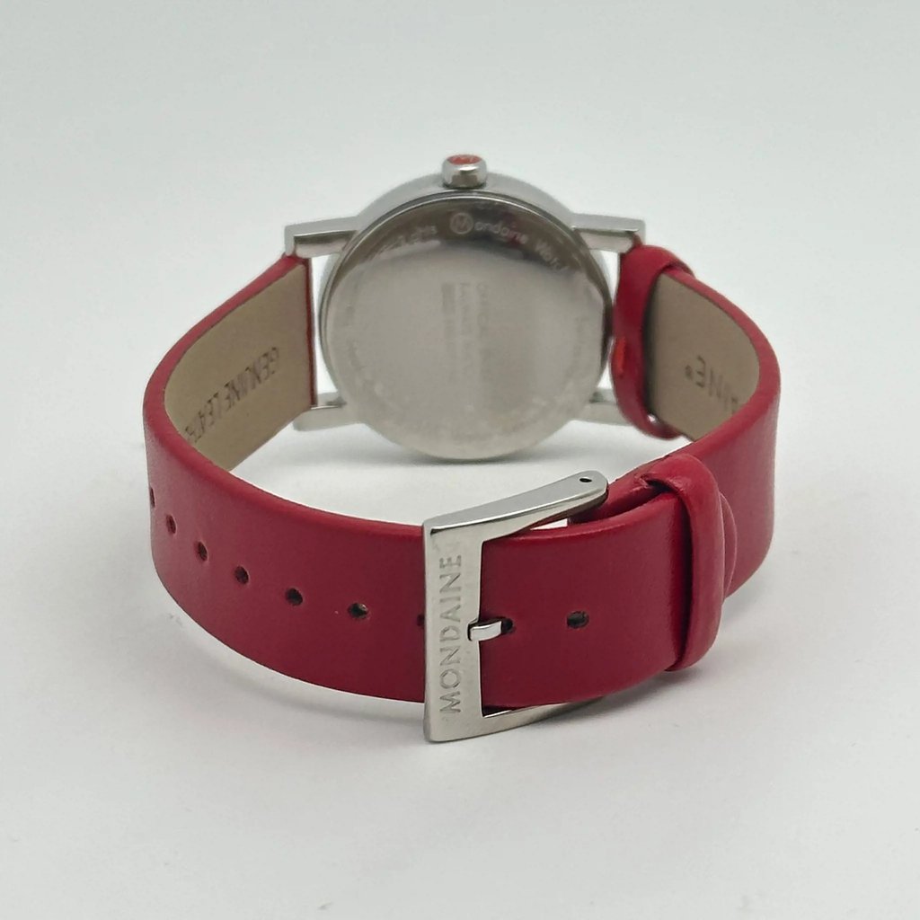 Back View Of Solid Back Case And Closed Leather Band Of Mondaine A669.30305.11SBC Watch Display Model Condition
