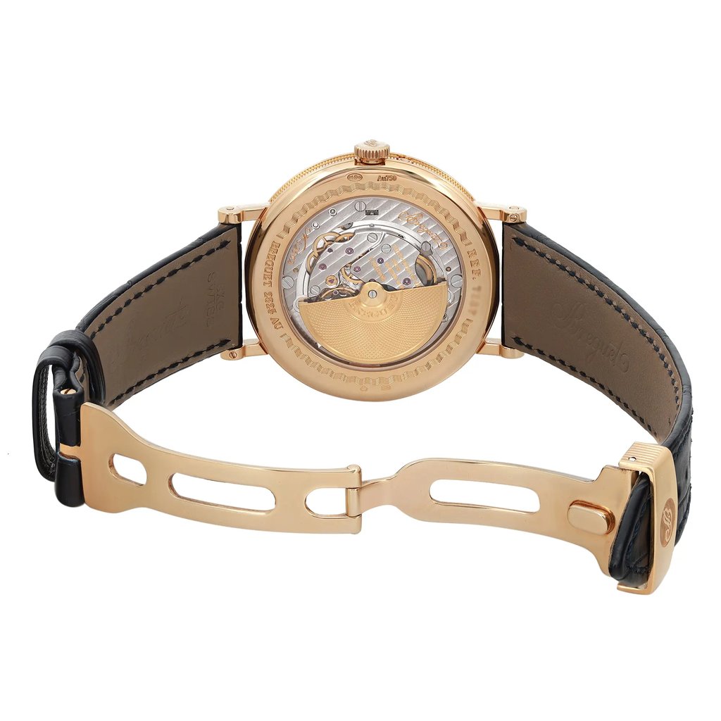 Back View Of Exhibition Back Case And Open Leather Band Of Breguet 7137BA/11/9V6 Watch Pre Owned Condition