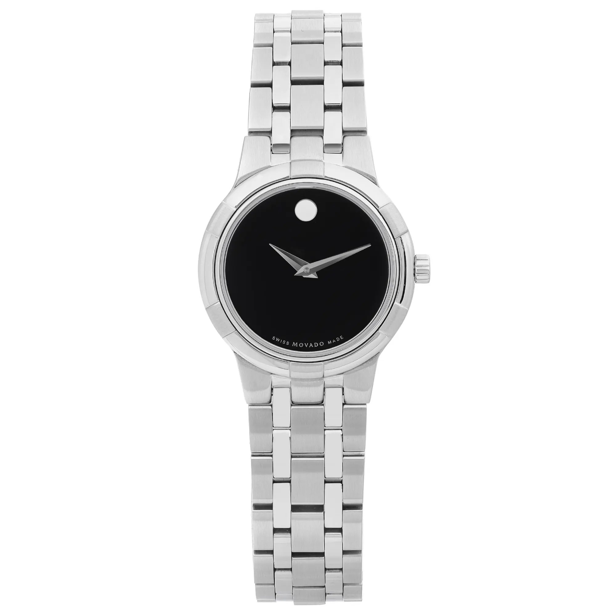An image of an unworn wristwatch taken from a front full frontal view. The watch features a sleek stainless steel bracelet and a minimalist black dial with silver hands. The photograph captures the watch directly from the front, highlighting its elegant design and craftsmanship.