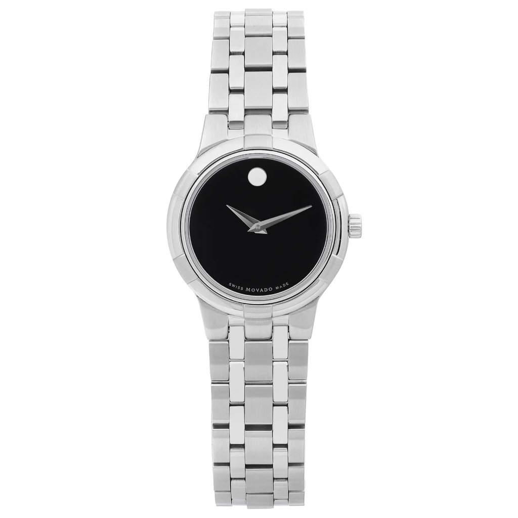 An image of an unworn wristwatch taken from a front full frontal view. The watch features a sleek stainless steel bracelet and a minimalist black dial with silver hands. The photograph captures the watch directly from the front, highlighting its elegant design and craftsmanship.
