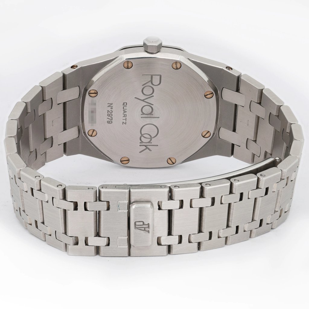 Back View Of Screwback Back Case And Closed Stainless Steel Band Of Audemars Piguet Royal Oak Watch Pre Owned Condition