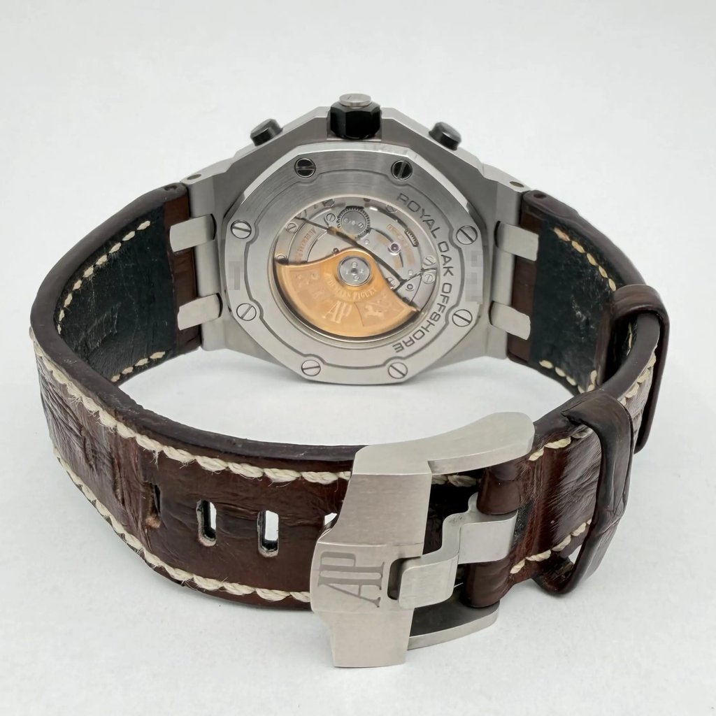 Back View Of Exhibition Back Case And Open Leather Band Of Audemars Piguet 26470ST Watch Pre Owned Condition