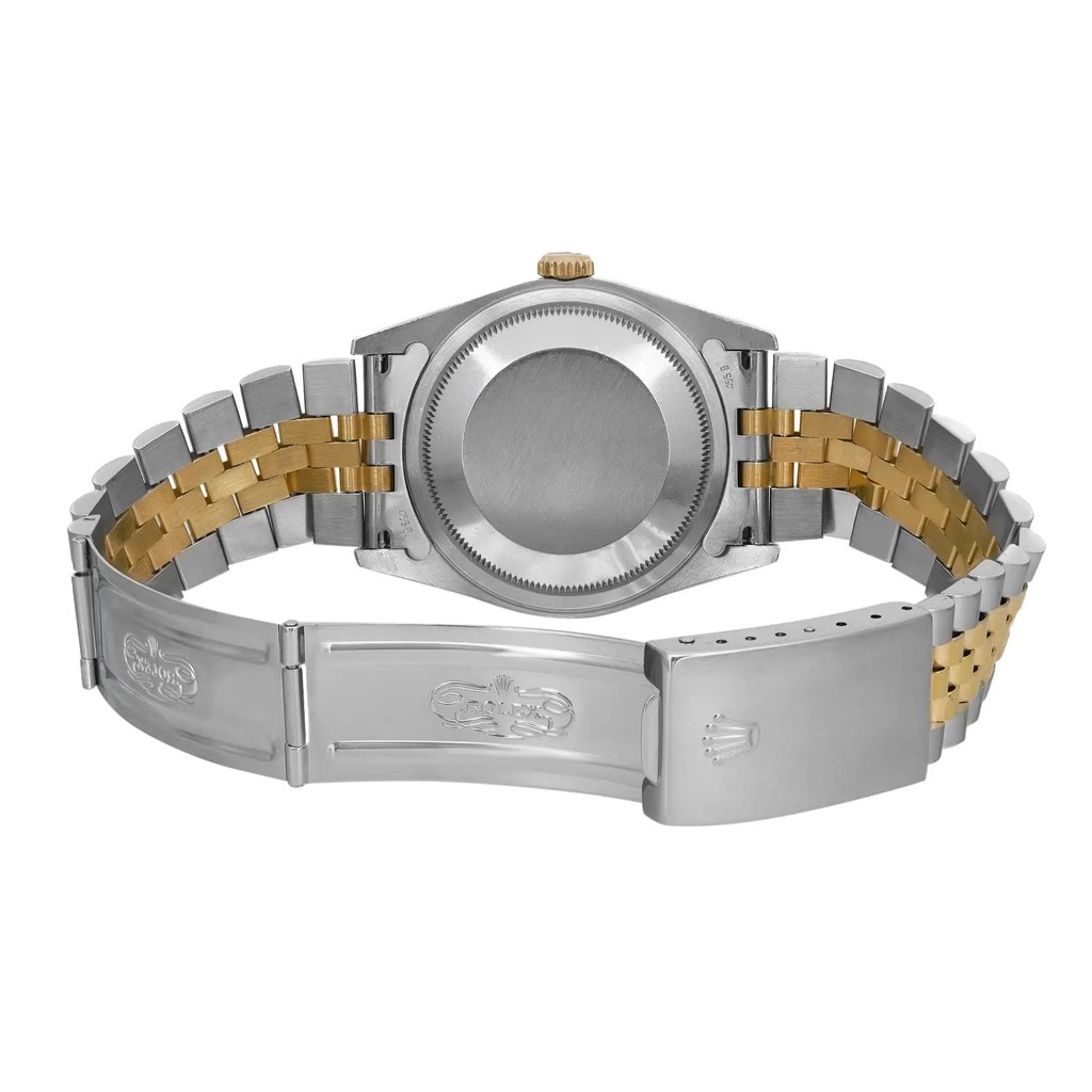 Back View Of Screwback Back Case And Open Stainless and Solid Gold Band Of Rolex 16233 Watch Pre Owned Condition