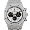 An image of a pre-owned Audemars Piguet men's wristwatch, viewed from a straight-on angle, showcasing the watch face prominently. The timepiece features a silver-toned, octagonal bezel and a stainless steel bracelet. The dial is white with three black subdials, and the brand name is clearly visible below the 12 o'clock position. The watch hands are luminous, providing enhanced visibility. The image is taken from a close distance, highlighting the intricate details and craftsmanship of the watch.