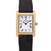 An image of a pre-owned wristwatch featuring a close-up, front view of the watch face. The wristwatch has a rectangular gold-tone case with a white dial displaying black Roman numerals. The brand name is visible on the dial. The watch is positioned vertically, with the crown on the right side, and the leather strap extending upwards and downwards.
