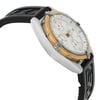 An image of a pre-owned Breitling men's wristwatch in a casual style, shown in a side profile view from the opposite side of the crown. The watch features a round stainless steel case with a gold-colored bezel that has minor nicks, a white dial with sub-dials, and a black rubber band that shows signs of wear. The angle of the photo provides a clear view of the watch's side, with the camera positioned at a close distance to capture the details and condition of the watch.