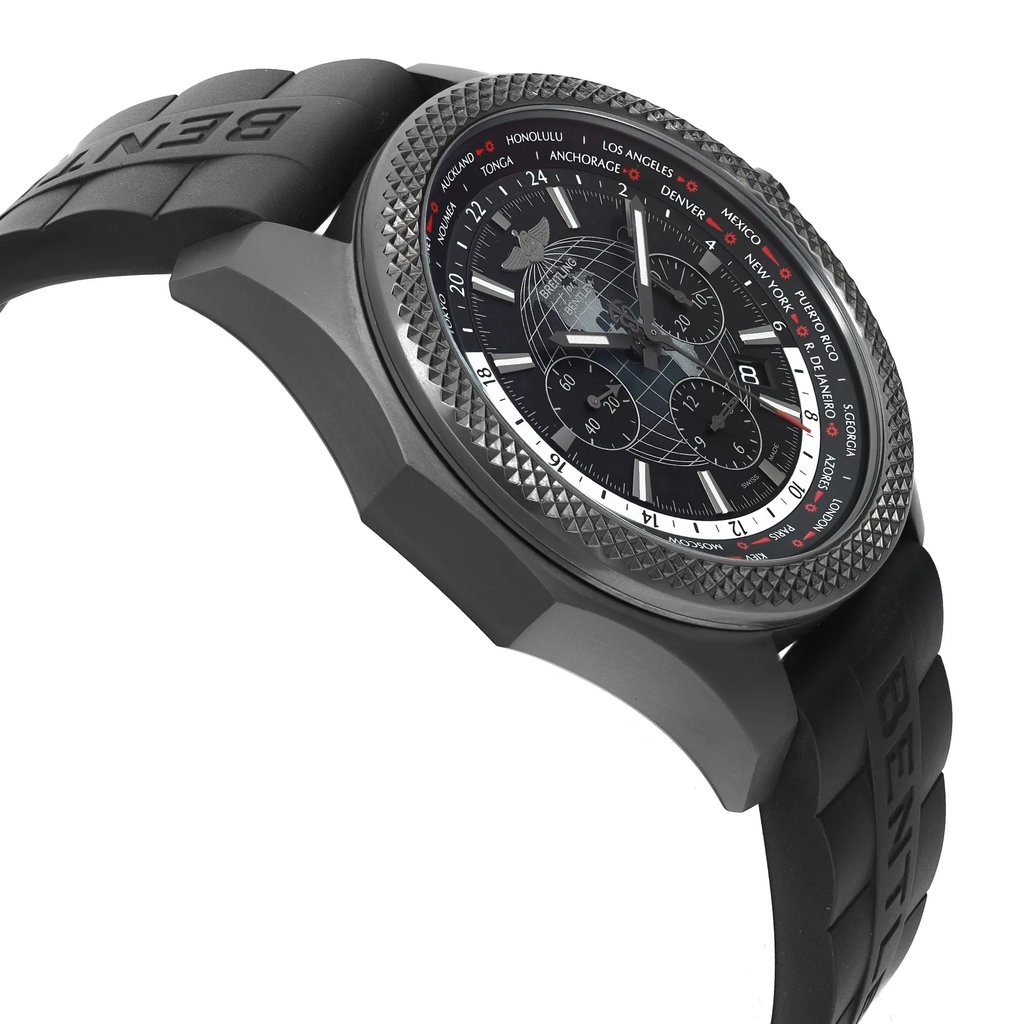 An image of a men's Breitling pilot/aviator wristwatch, presented as a display model. The view is a close-up side profile from the side opposite the crown, highlighting the watch's round stainless steel case and black rubber band. The dial is black with luminous hands, chronograph features, a date indicator, and a small seconds subdial. The black bezel has raised markers and the watch has a few barely noticeable micro marks on the case.