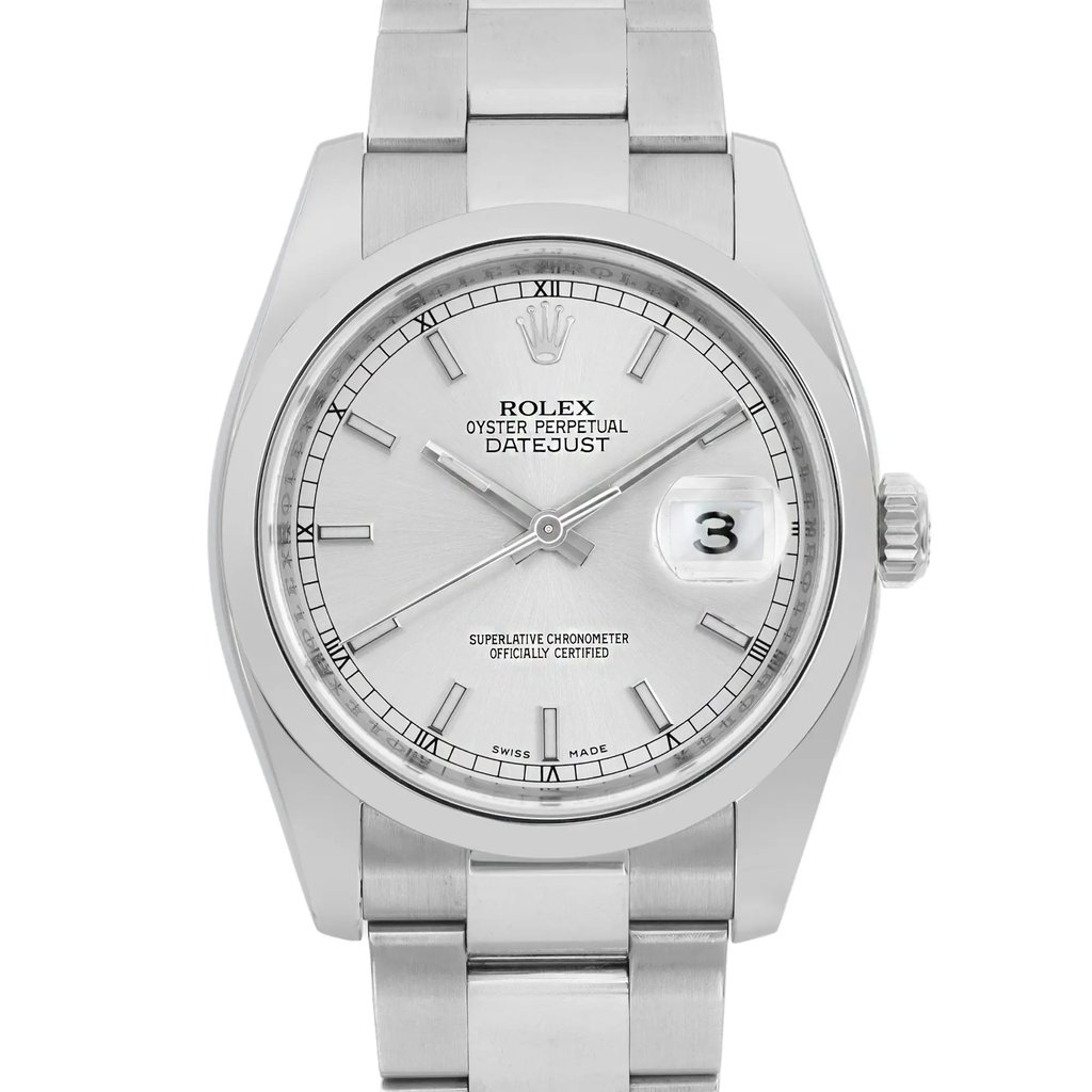 An image of a pre-owned wristwatch shown in a front close-up shot, highlighting the watch face. The angle captures the detailed design of the dial, the brand name, and the date window. The metallic bracelet is partially visible at the top and bottom of the frame.