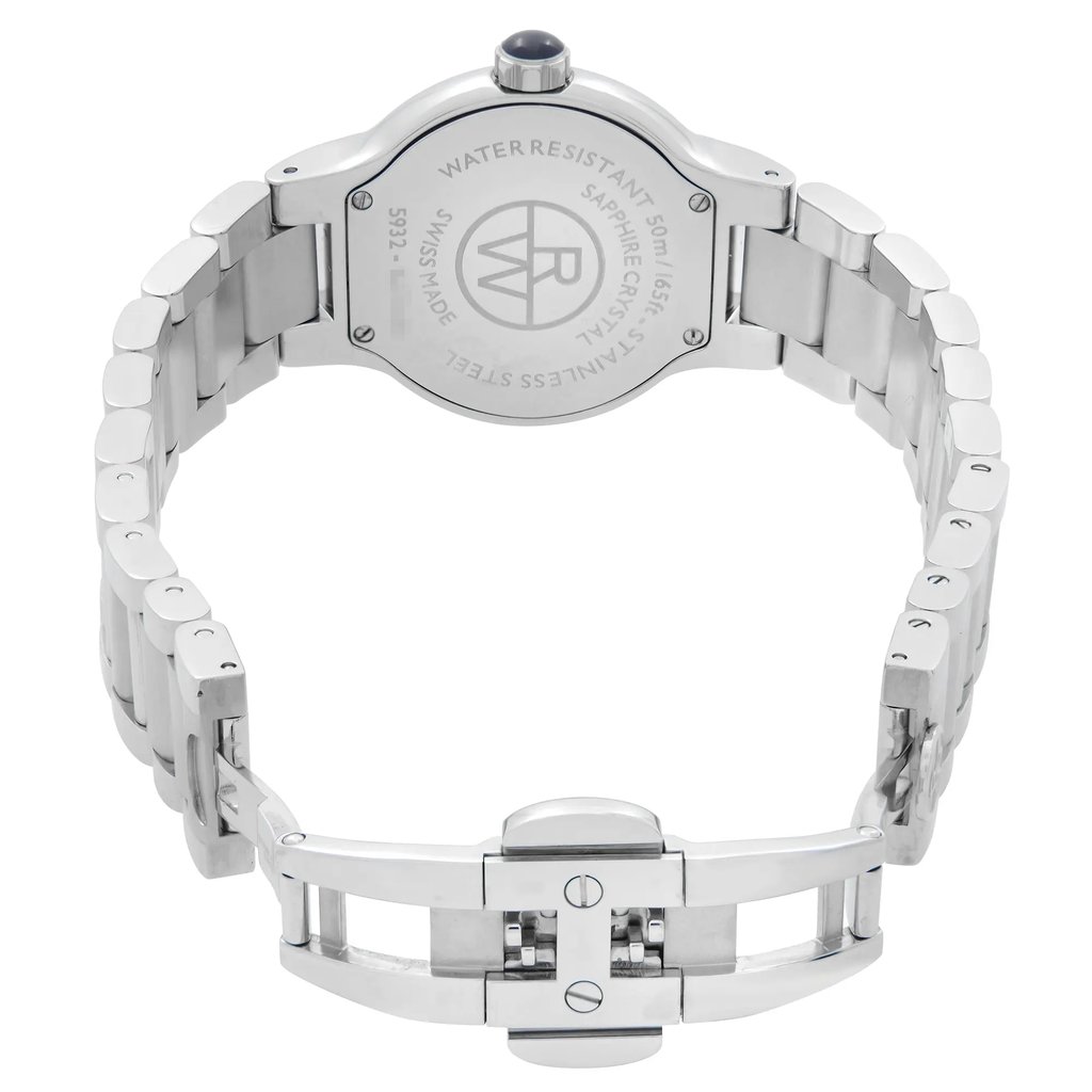 An image of an unworn Raymond Weil women's wristwatch, seen from the back view with the clasp open. The watch is presented in a close-up, centered shot, showcasing a stainless steel caseback with the brand's logo. The round watch shape is connected to a stainless steel band that circles around the top and bottom, with the open clasp visible in the lower half of the image.