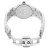 An image of an unworn Raymond Weil women's wristwatch, seen from the back view with the clasp open. The watch is presented in a close-up, centered shot, showcasing a stainless steel caseback with the brand's logo. The round watch shape is connected to a stainless steel band that circles around the top and bottom, with the open clasp visible in the lower half of the image.
