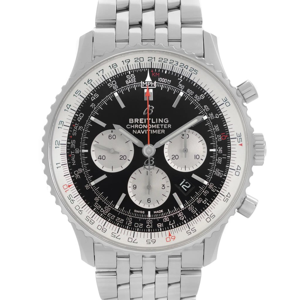 An image of a front close-up shot of a men's Breitling luxury sports wristwatch. The timepiece, a display model, features a round stainless steel case with a matching band, and a black dial under a clear crystal. A steel bezel surrounds the dial, which is detailed with stick indices and three sub-dials. The watch is positioned centrally and photographed from a direct frontal angle, allowing a clear view of the watch's face and details. The watch is a display model and may show minor signs of blemishes due to store handing. 