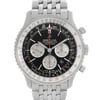 An image of a front close-up shot of a men's Breitling luxury sports wristwatch. The timepiece, a display model, features a round stainless steel case with a matching band, and a black dial under a clear crystal. A steel bezel surrounds the dial, which is detailed with stick indices and three sub-dials. The watch is positioned centrally and photographed from a direct frontal angle, allowing a clear view of the watch's face and details. The watch is a display model and may show minor signs of blemishes due to store handing. 