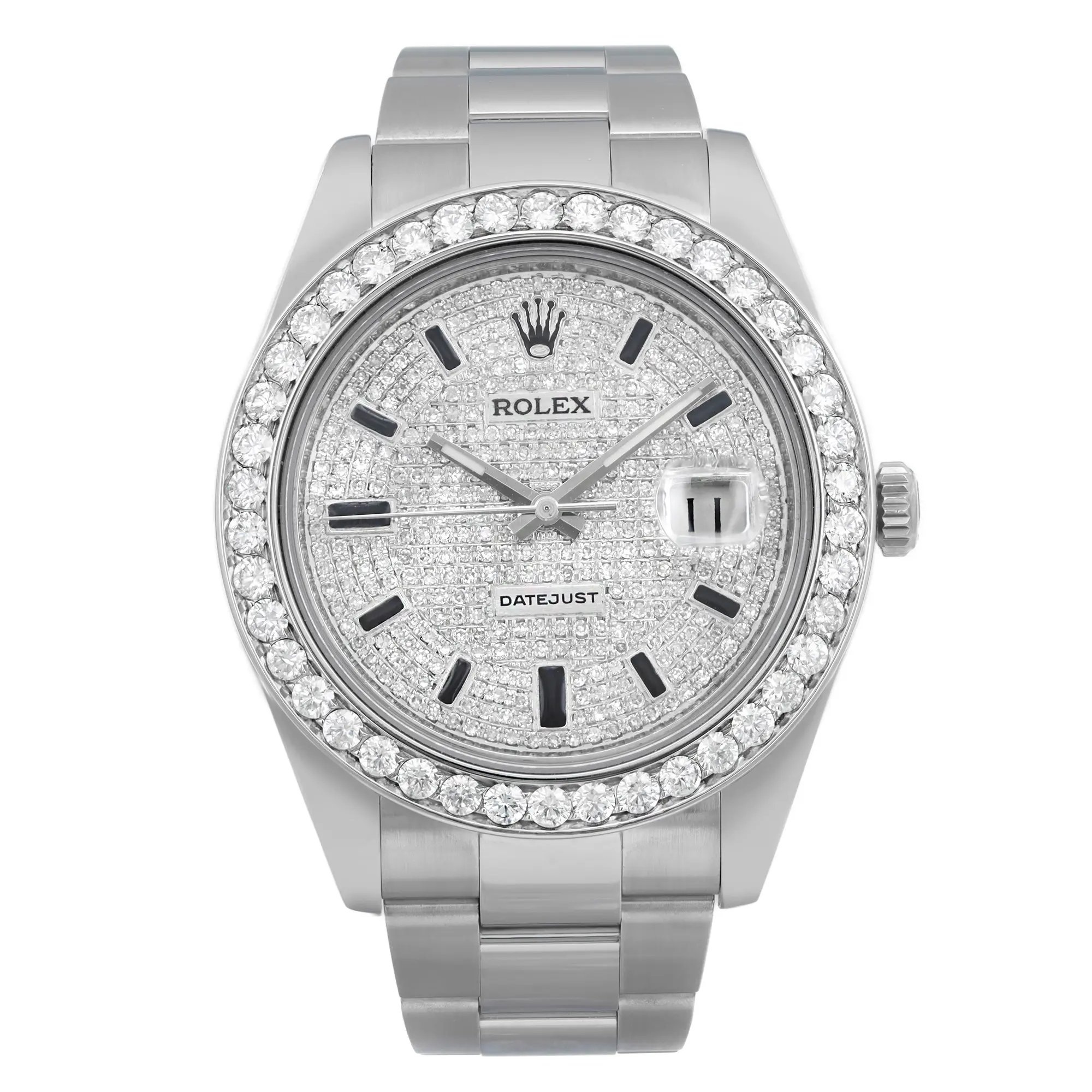 An image of a pre-owned wristwatch taken from a full frontal view. The watch is positioned directly facing the camera, showcasing its detailed design. The face is adorned with a diamond bezel and a fully encrusted dial. The stainless steel bracelet is visible, highlighting the watch's luxurious appearance.