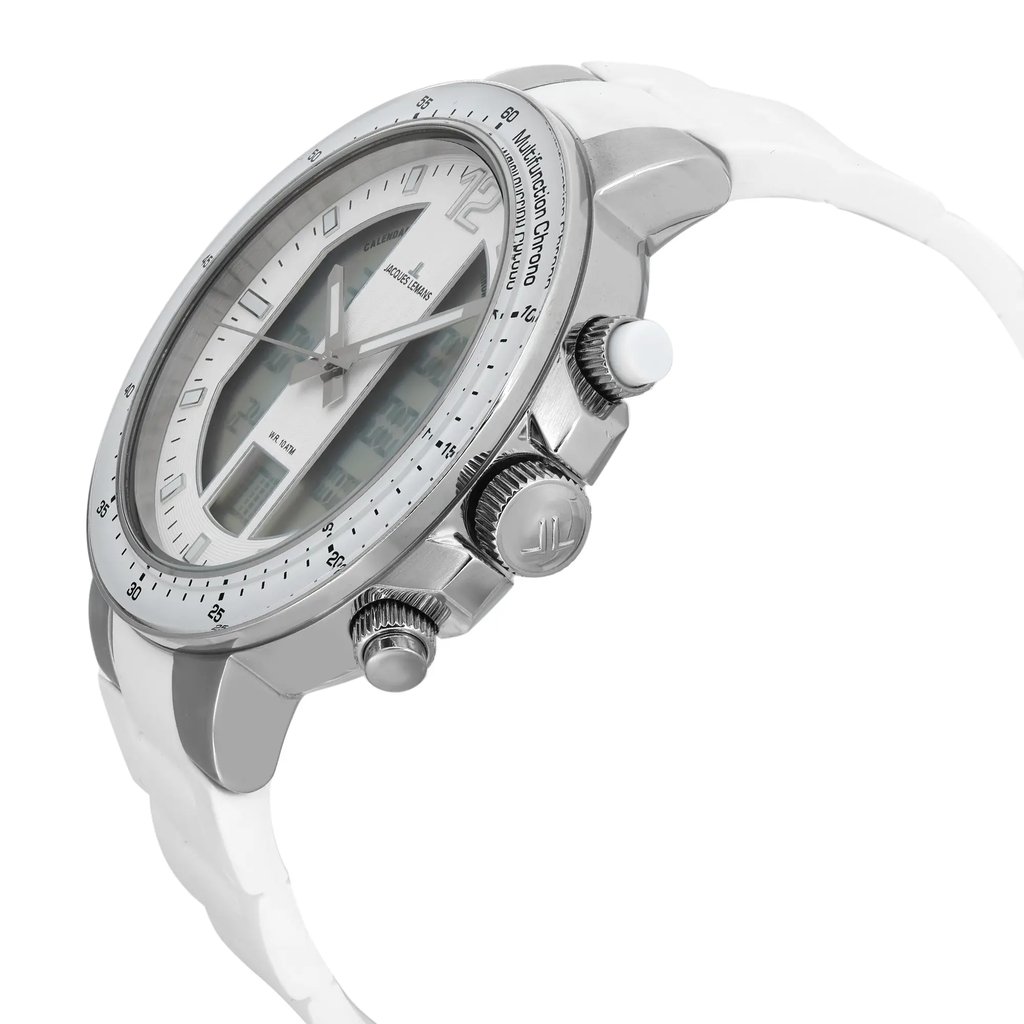 An image of a Wristwatch by Jacques Lemans. This Display Model item is designed for Men, featuring a Casual style. It has a Quartz movement and an Analog & Digital display with a White dial color. The indices include 12-Hour Dial,Stick Indexes. The band is made of Silicone and the case is made of Silicone. The watch has a Round shape with a case size of 50 mm and a case thickness of 15 mm.