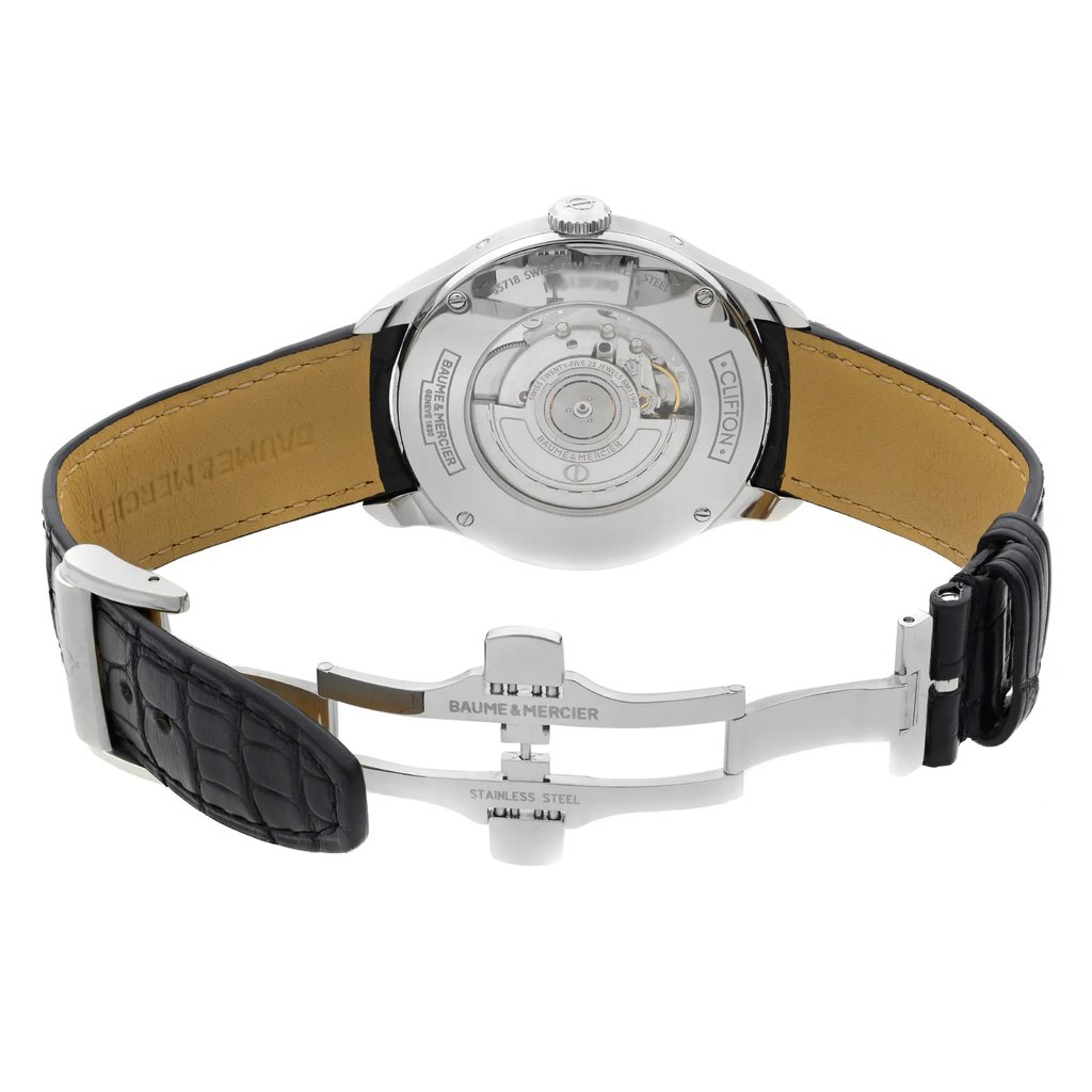 Back View Of Exhibition Back Case And Open Leather Band Of Baume & Mercier MOA10057 Watch Display Model Condition