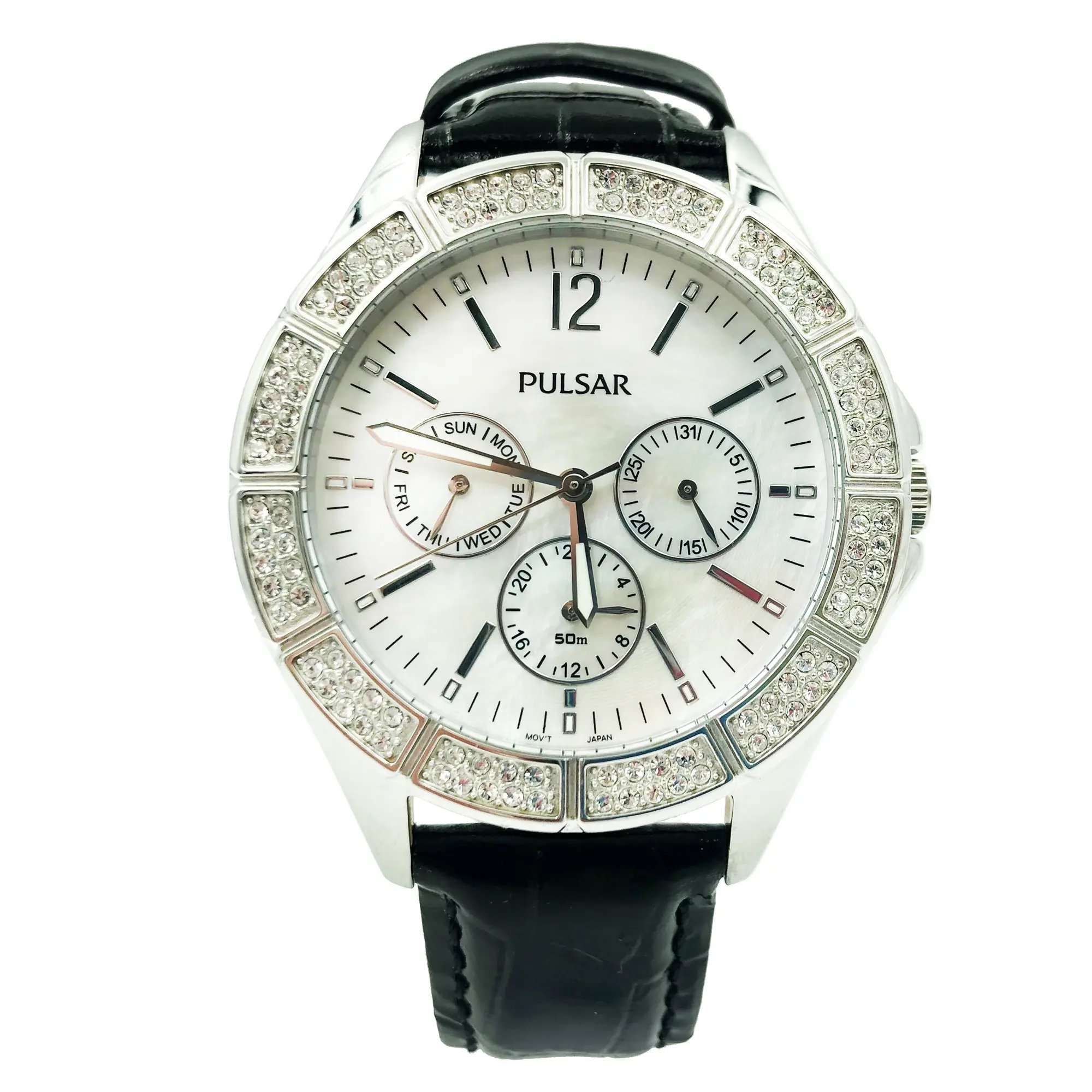 An image of a Wristwatch by Pulsar. This Pre Owned item is designed for Women, featuring a Casual style. It has a Japanese Quartz movement and an Analog display with a Mother Of Pearl dial color. The indices include Sticks. The band is made of Leather and the case is made of Stainless Steel. The watch has a Round shape with a case size of 38 mm and a case thickness of 9 mm.