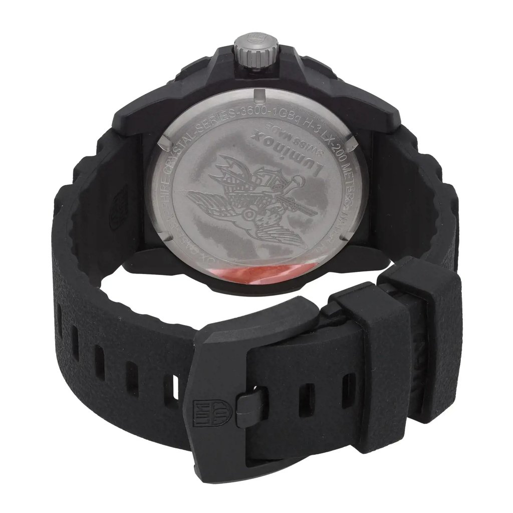 Back View Of Solid Back Case And Closed Rubber Band Of Luminox XS.3601 Watch Pre Owned Condition