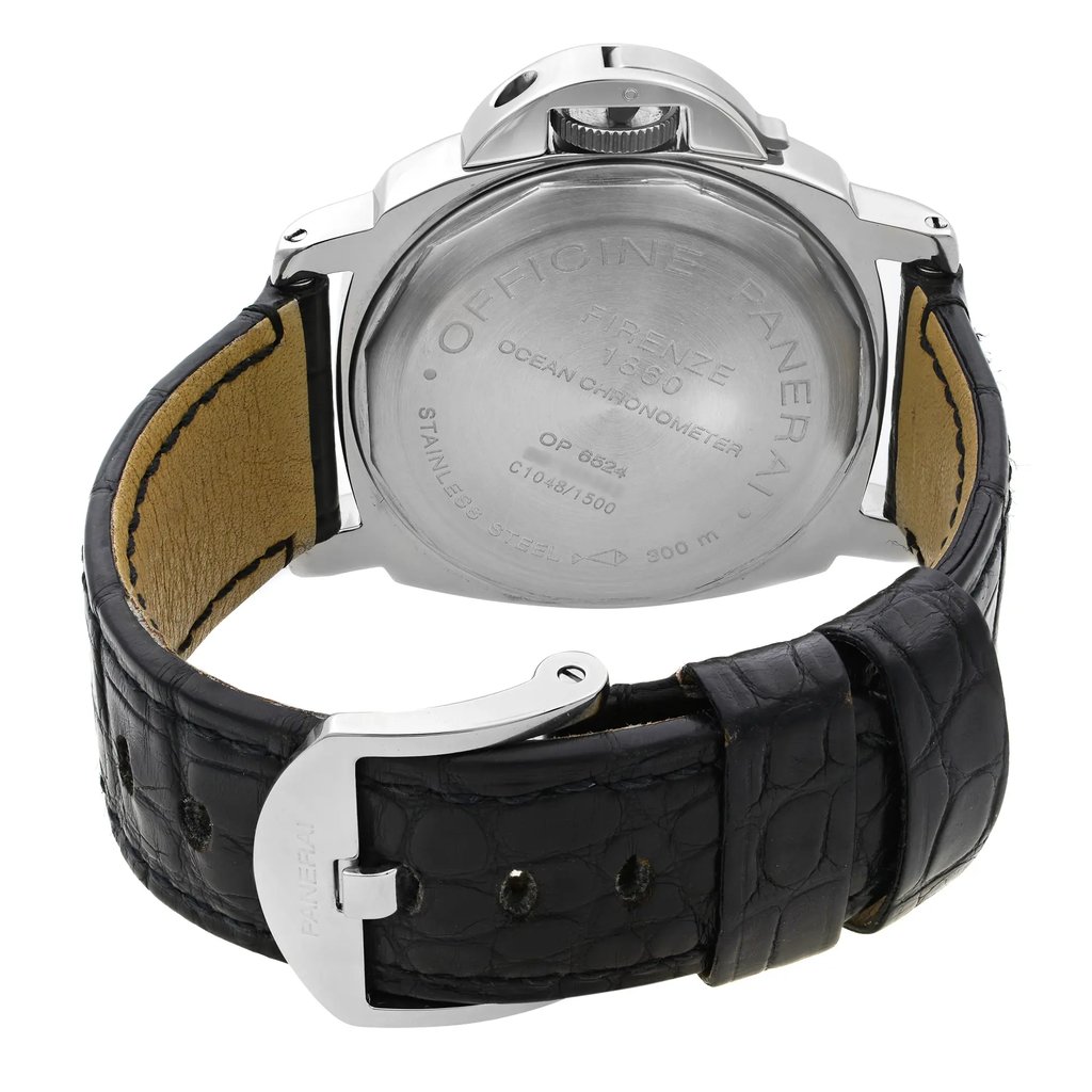 Back View Of {Caseback} Back Case And Closed Leather Band Of Panerai PAM00063 Watch Pre Owned Condition