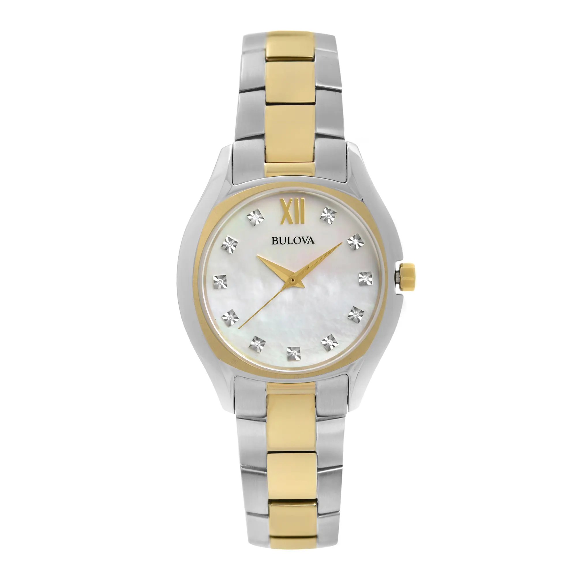 An image of a pre-owned Bulova women's wristwatch in a dress/formal style, displaying a front full frontal view. The watch has a tonneau/barrel shape with a mother of pearl dial and a gold-tone bezel. It features a 12-hour dial with non-numeric hour marks, Roman numerals at the 12 o'clock position, and a seconds hand. The band is made of stainless steel with gold-tone center links. The image is taken from a close, straight-on angle, showing the entire watch face and a portion of the band.