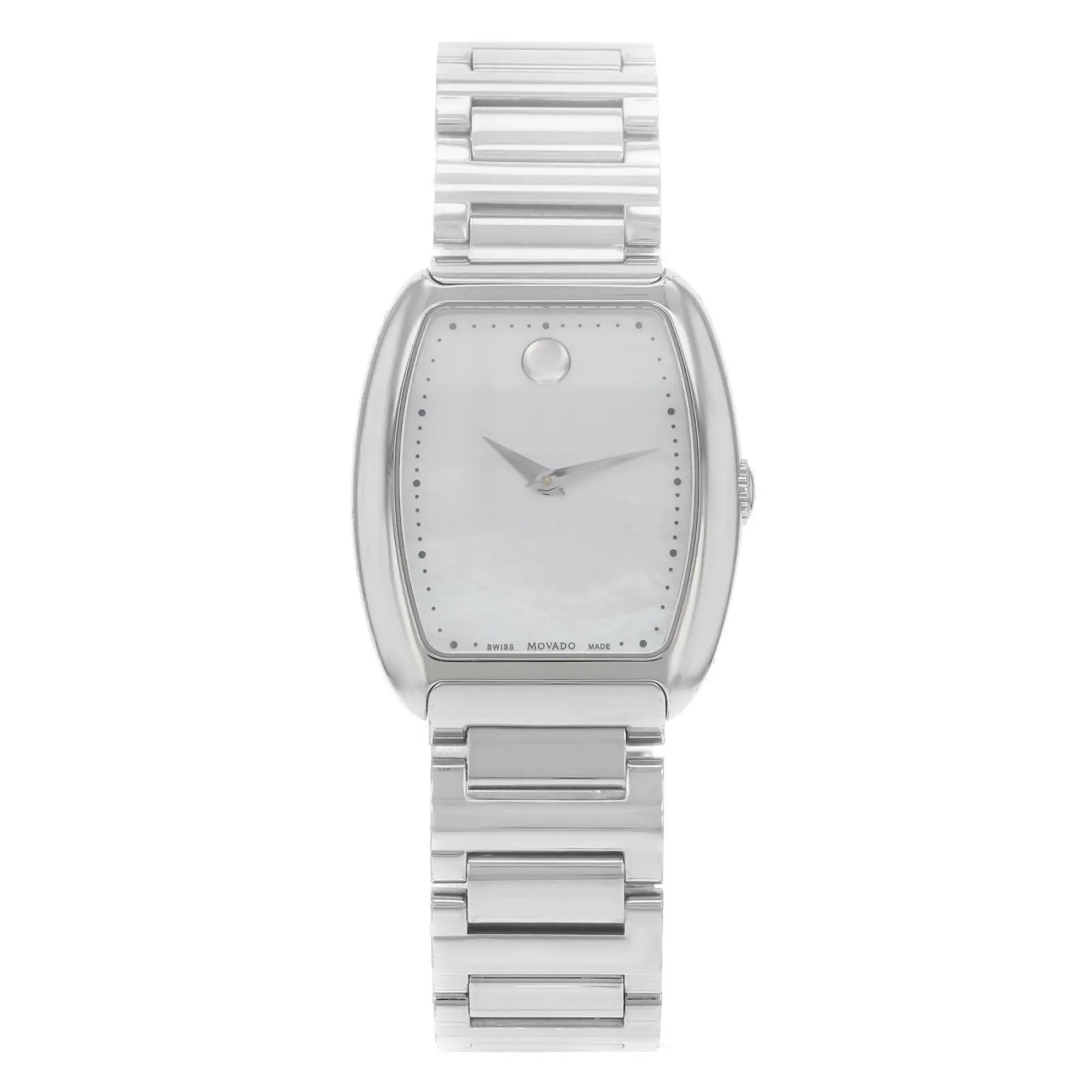 An image of a pre-owned wristwatch taken from a front full frontal view. The watch features a sleek, rectangular face with a minimalist design, including a single dot at the 12 o'clock position and simple hour and minute hands. The case and bracelet are made of polished metal, giving it a sophisticated and modern appearance. The watch is centered in the frame, showcasing its elegant design.