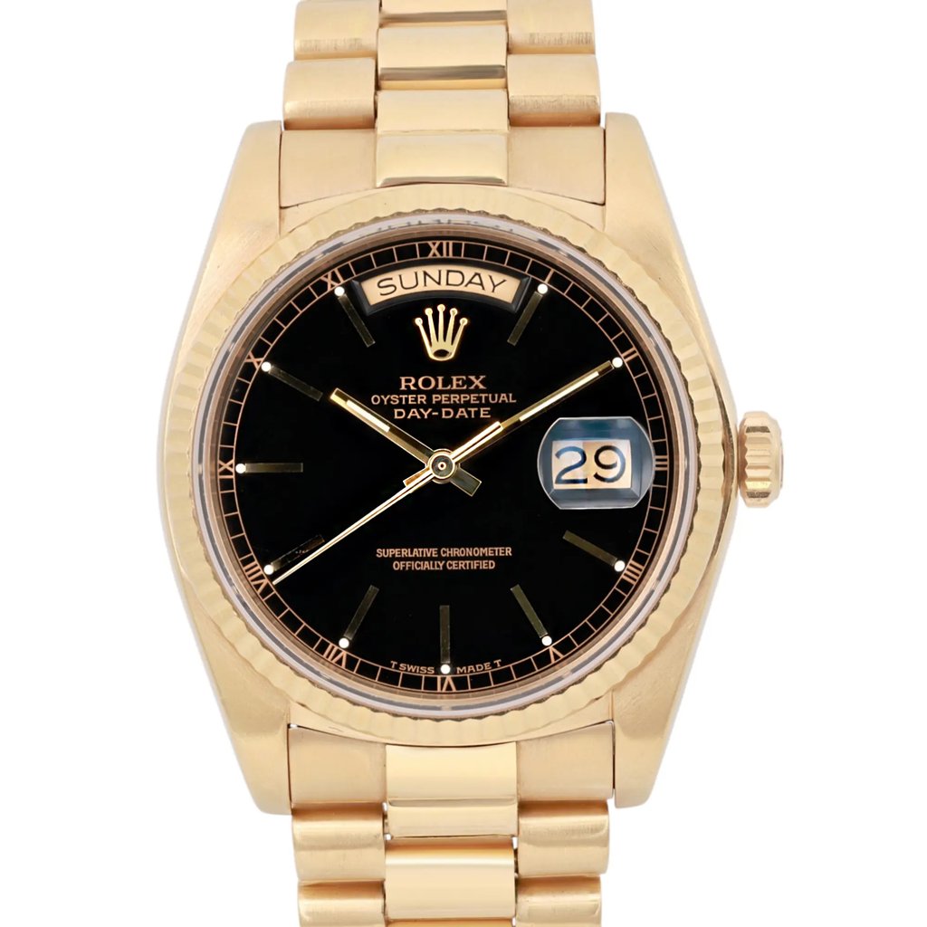 Up Close Front Facing Picture Of Rolex 18038 Yellow Gold Watch Pre Owned Condition