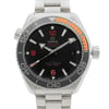 An image of a wristwatch taken from a front close-up perspective, showcasing the watch face in detail. The watch features a black dial with bold, luminous hands and markers, including red numerals at 12, 6, and 9 o'clock positions. The bezel displays a combination of grey and orange accents. The stainless steel bracelet and case are visible, emphasizing the watch's sleek design. The crown is positioned on the right side.
