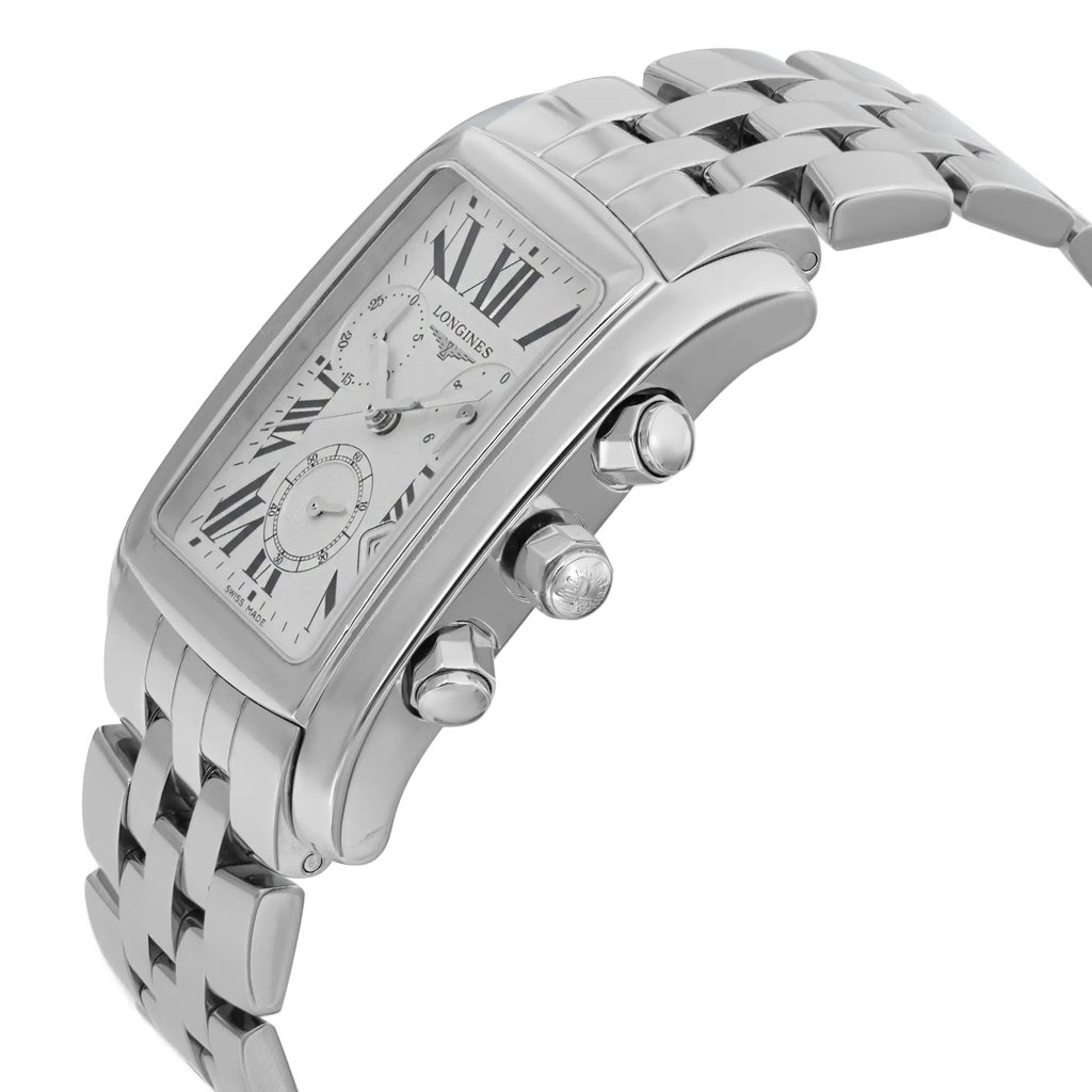 An image of a pre-owned wristwatch shown from a side profile view, highlighting the crown and pushers. The watch features a rectangular silver case with a white dial and Roman numerals. The stainless steel bracelet complements the sleek, elegant design. The angle showcases the watch from a slightly elevated position, emphasizing its polished finish and intricate details.