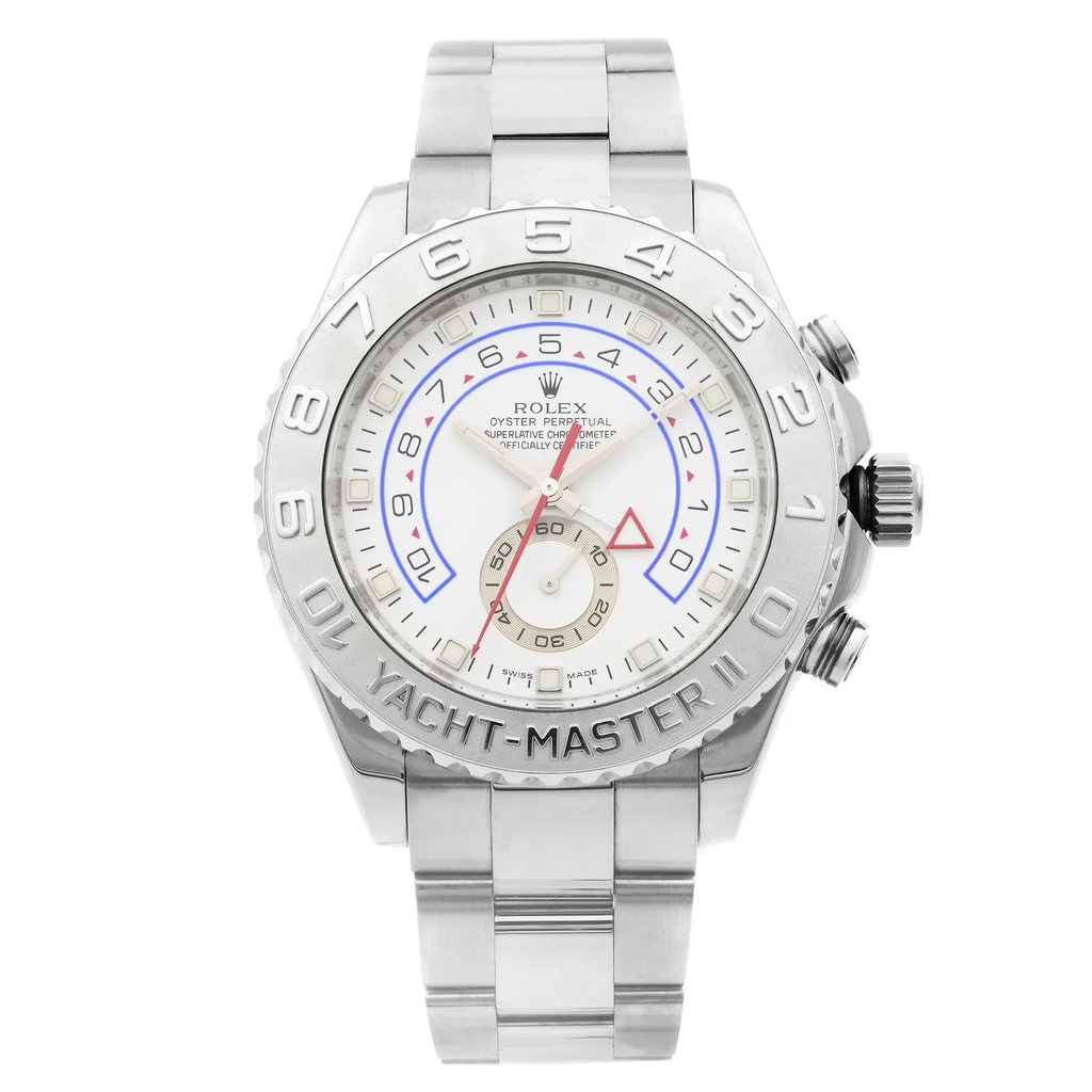 An image of a Wristwatch by Rolex. This Pre Owned item is designed for Men, featuring a Luxury,Sport style. It has a Mechanical (Automatic) movement and an Analog display with a White dial color. The indices include 12-Hour Dial,Multi Dial,Non-Numeric Hour Marks,Square Indexes. The band is made of White Gold and the case is made of White Gold. The watch has a Round shape with a case size of 44 mm and a case thickness of 14 mm.