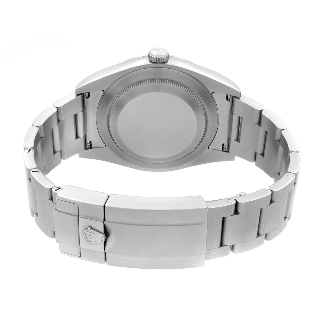 Back View Of Solid Back Case And Closed Stainless Steel Band Of Rolex 214270 Watch Unworn Condition