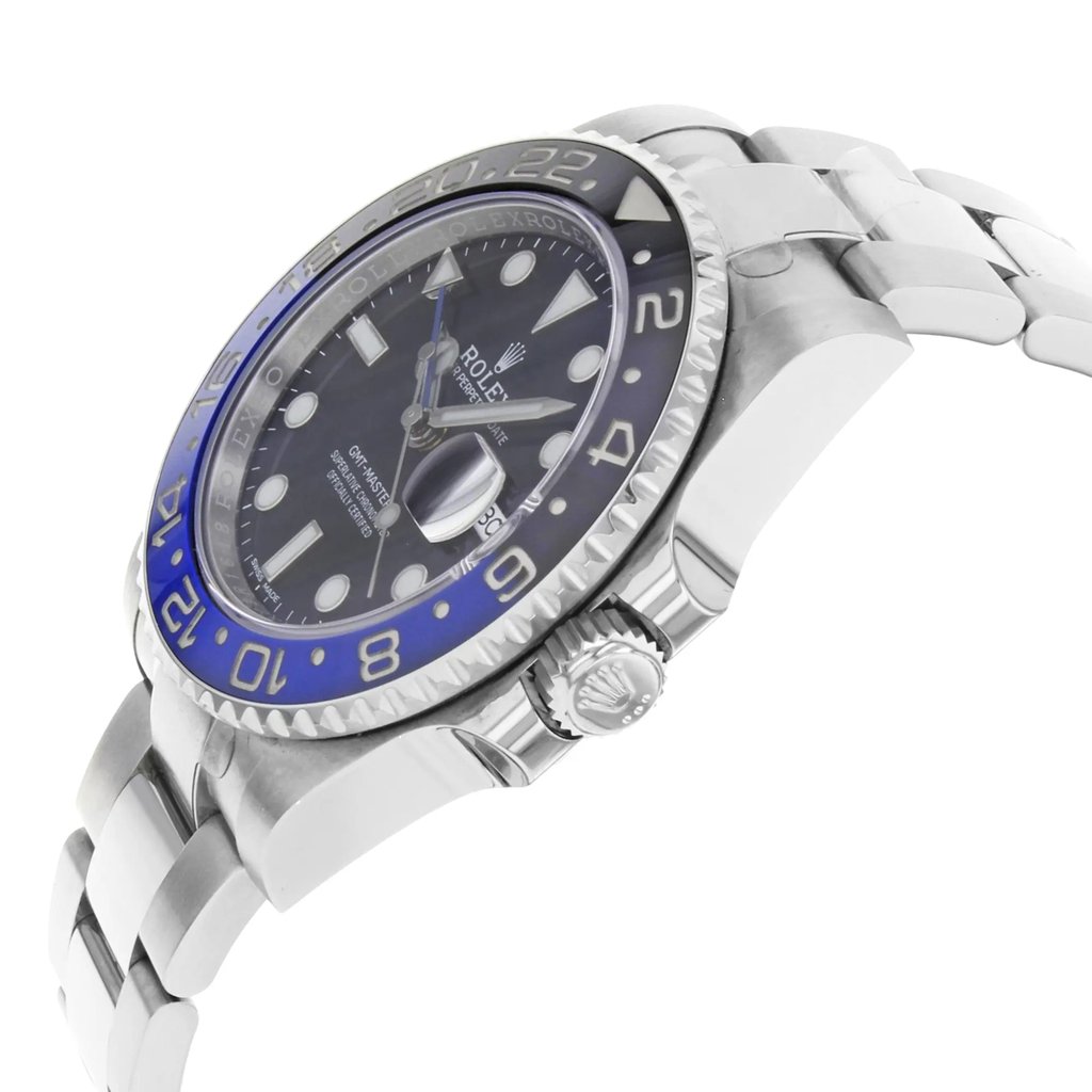 View Of Crown Facing Side Of Rolex 116710BLNR Stainless Steel Watch Display Model Condition