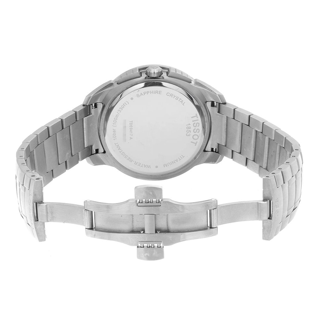 Back View Of Snap Back Case And Open Titanium Band Of Tissot T069.417.44.041.00 Watch Pre Owned Condition