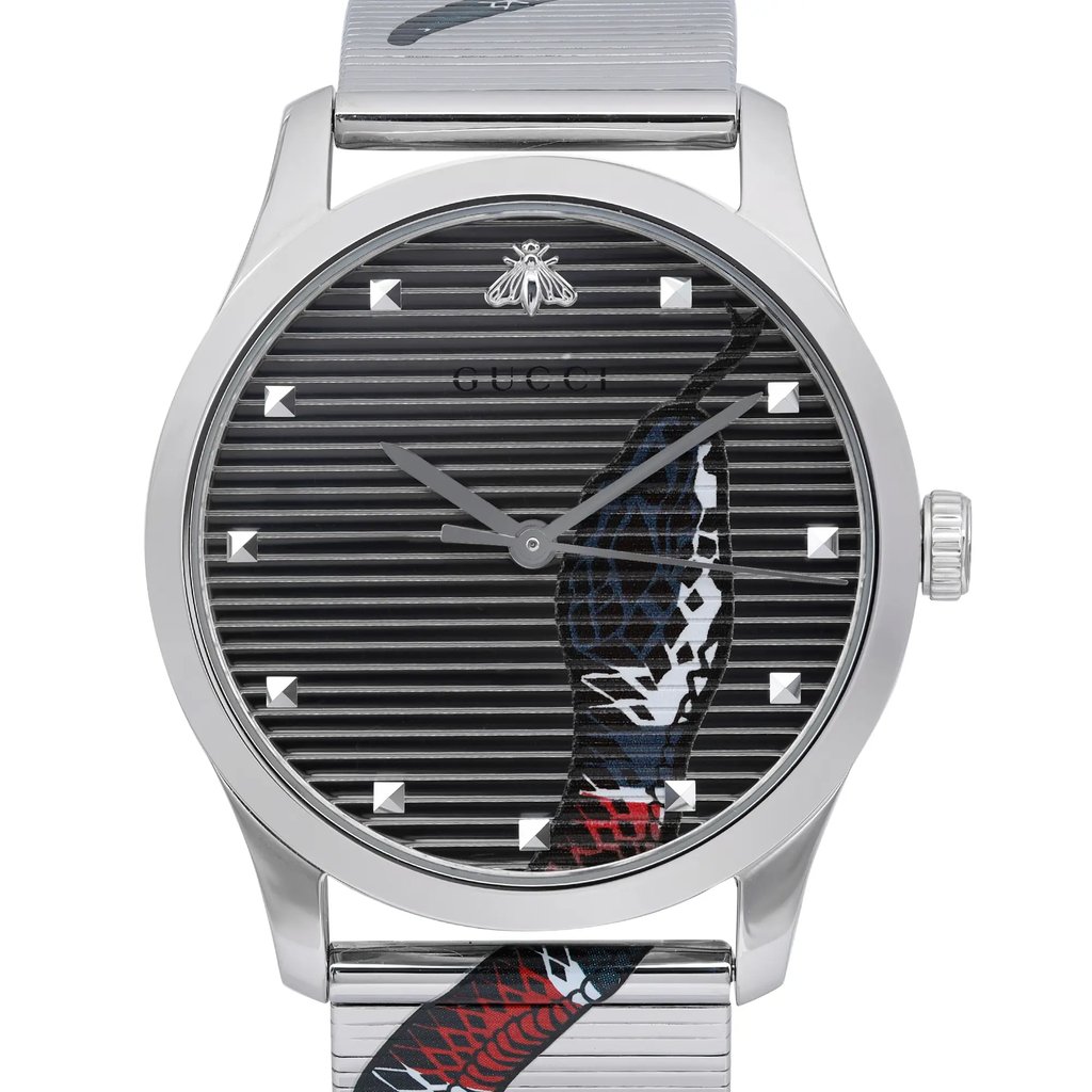 Up Close Front Facing Picture Of Gucci YA1264123 Stainless Steel Watch Pre Owned Condition