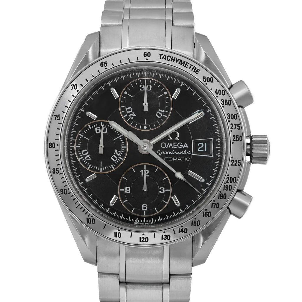 An image of a pre-owned wristwatch taken from a front close-up angle, focusing on the watch face. The watch features a tachymeter bezel and multiple sub-dials. The casing and bracelet are made of metal, giving it a sleek and polished appearance. The dial is marked with the brand name "Omega" and model "Speedmaster Automatic."