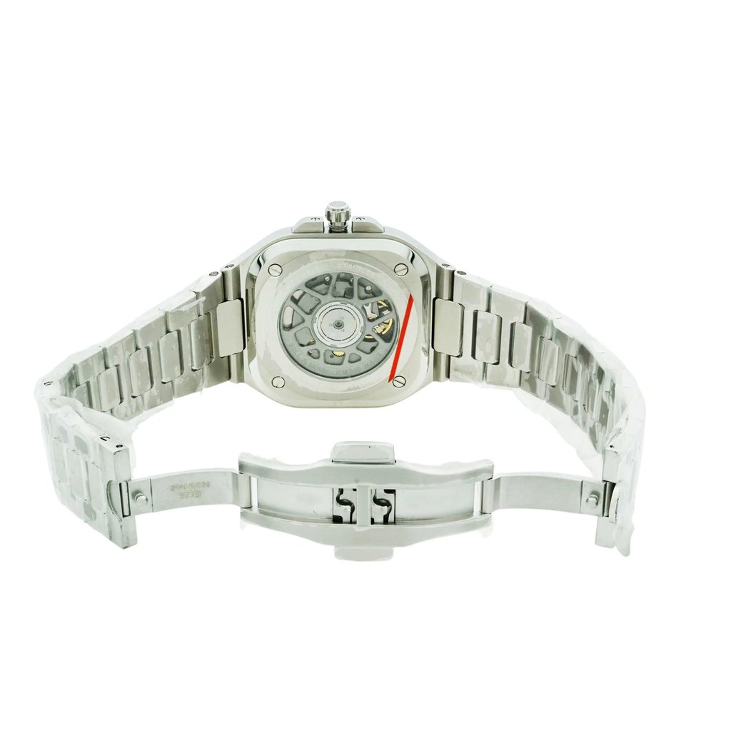 An image of a Bell & Ross men's wristwatch, showcasing the back view with an open clasp. The timepiece features a cushion-shaped stainless steel case with an exhibition caseback, revealing the inner workings. The stainless steel band is angled slightly to the left, with the watch positioned centrally at a medium distance, allowing clear visibility of the watch's structure and design details.