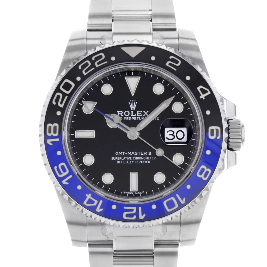 Up Close Front Facing Picture Of Rolex 116710BLNR Stainless Steel Watch Display Model Condition
