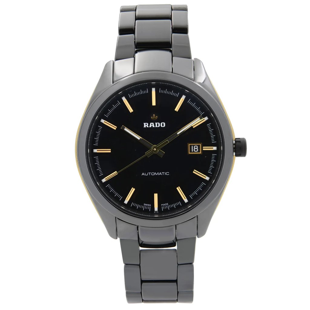 An image of a Wristwatch by Rado. This Pre Owned item is designed for Men, featuring a Dress/Formal style. It has a Mechanical (Automatic) movement and an Analog display with a Black dial color. The indices include 12-Hour Dial,Non-Numeric Hour Marks. The band is made of Ceramic,Titanium and the case is made of Ceramic,Stainless Steel. The watch has a Round shape with a case size of 42 mm and a case thickness of 10 mm.