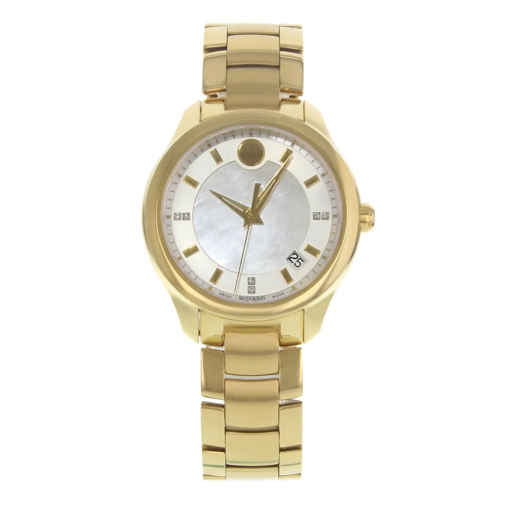 An image of a Wristwatch by Movado. This Pre Owned item is designed for Women, featuring a Dress/Formal style. It has a Quartz movement and an Analog display with a White dial color. The indices include Non-Numeric Hour Marks,Diamonds, Sticks. The band is made of Stainless Steel and the case is made of Stainless Steel. The watch has a Round shape with a case size of 36 mm and a case thickness of 9 mm.