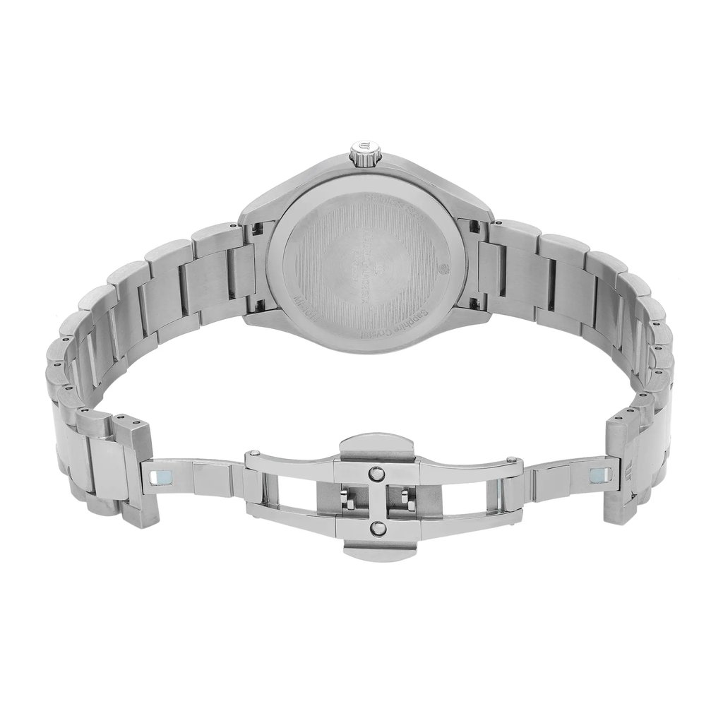 Back View Of Solid Back Case And Open Stainless Steel Band Of Maurice Lacroix MI1014-SS002-350 Watch Unworn Condition