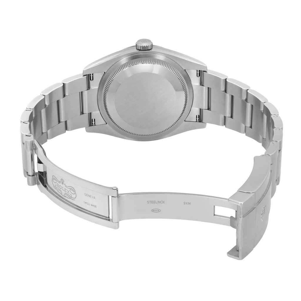 Back View Of Solid Back Case And Open Stainless Steel Band Of Rolex 126000 Watch New Condition