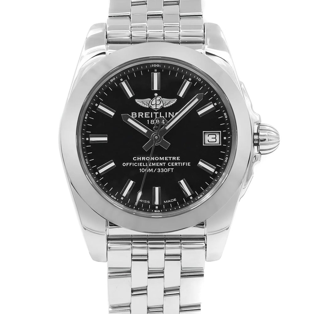 Up Close Front Facing Picture Of Breitling W7433012/BE08-376A Stainless Steel Watch Display Model Condition