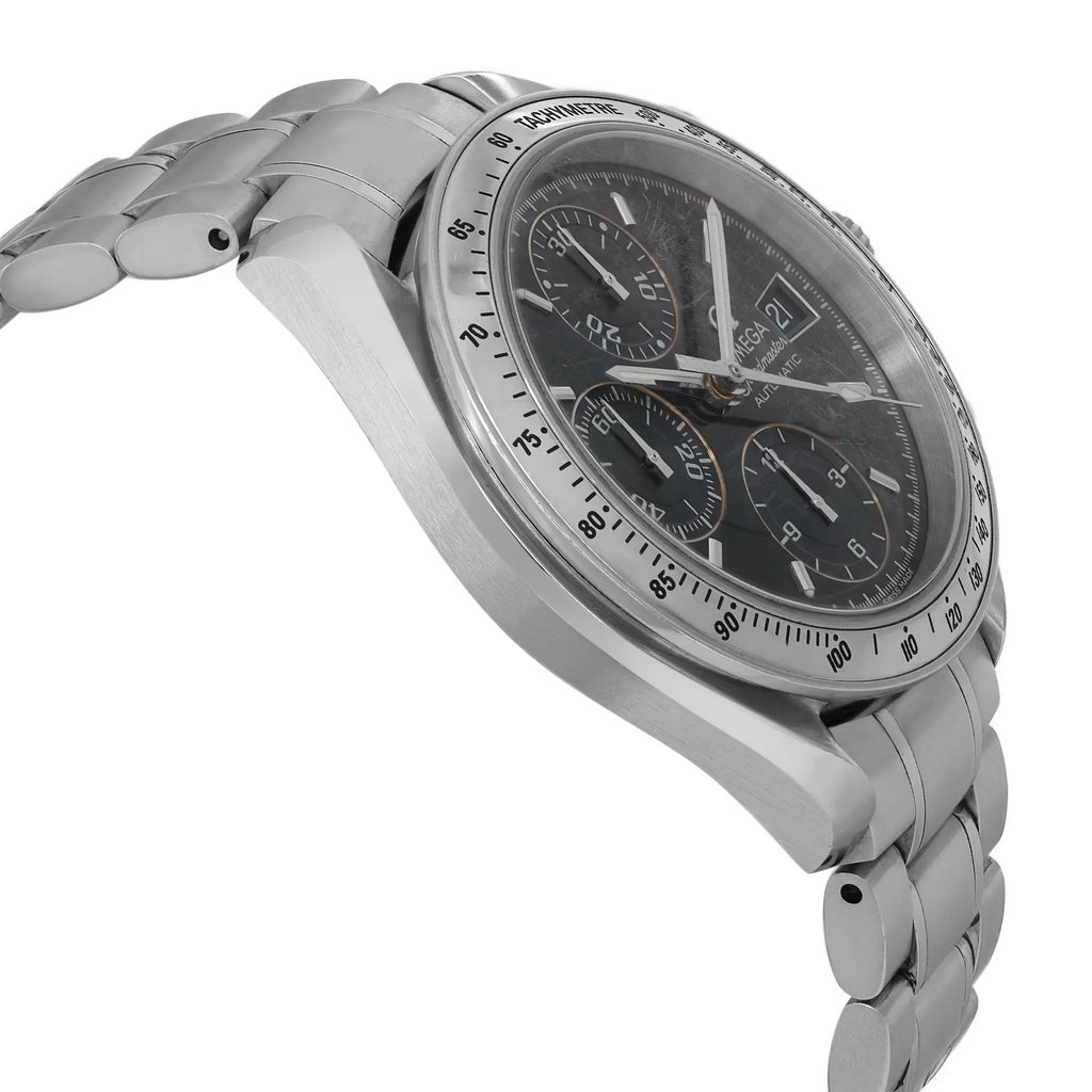 An image of a pre-owned wristwatch captured from a side profile view, opposite the crown. The watch features a stainless steel bracelet and case, with a detailed chronograph dial visible at an angle. The photograph is taken at close range, highlighting the sleek design and craftsmanship of the timepiece.