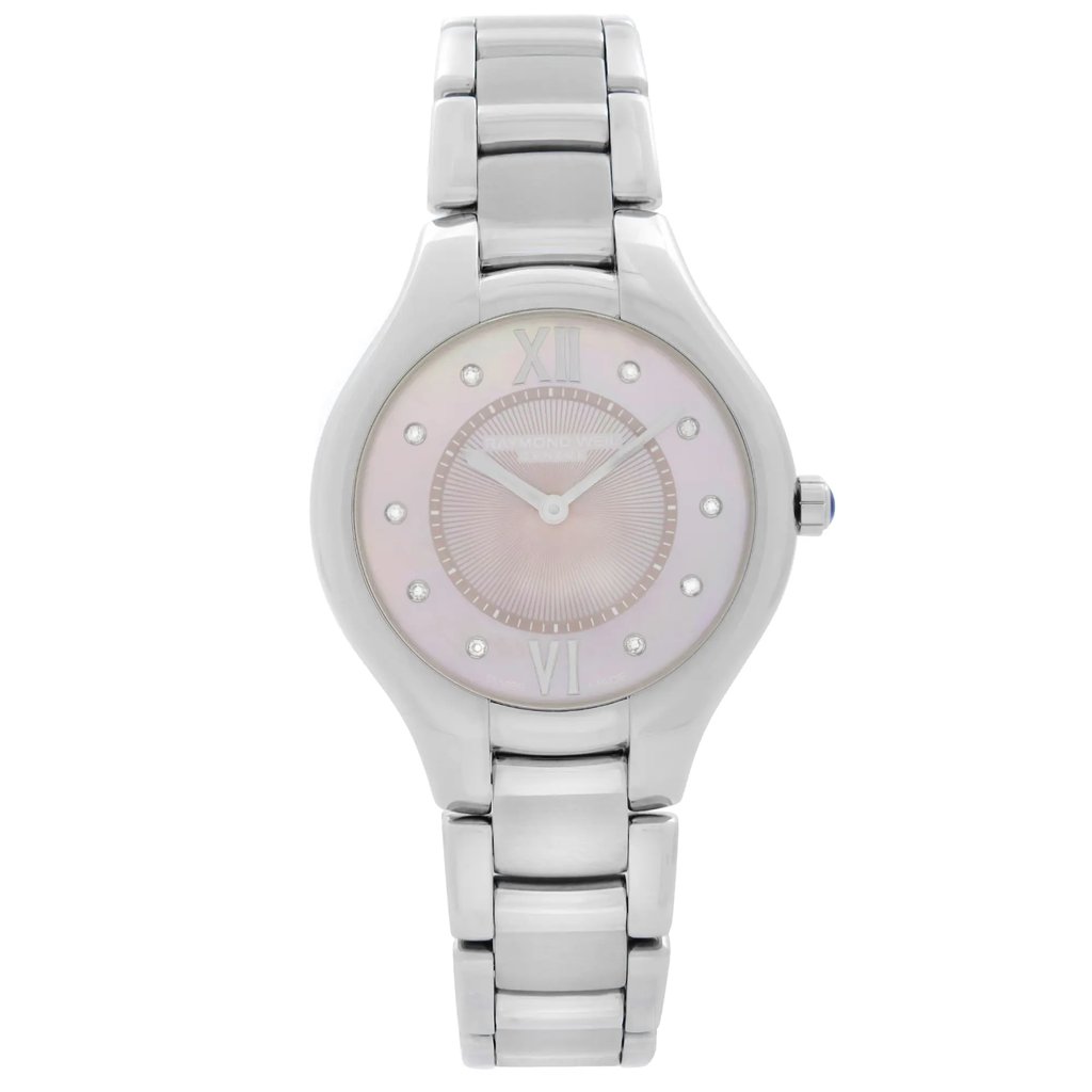 An image of a new, unworn RAYMOND WEIL women's wristwatch in a casual and dress/formal style, displayed in a direct full frontal view. The watch features a round stainless steel case and band, with a pink mother of pearl dial and diamond hour markers. Roman numerals at the 12 and 6 o'clock positions are visible, and the watch is shown at a close distance, allowing for clear detail visibility.