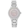 An image of a new, unworn RAYMOND WEIL women's wristwatch in a casual and dress/formal style, displayed in a direct full frontal view. The watch features a round stainless steel case and band, with a pink mother of pearl dial and diamond hour markers. Roman numerals at the 12 and 6 o'clock positions are visible, and the watch is shown at a close distance, allowing for clear detail visibility.